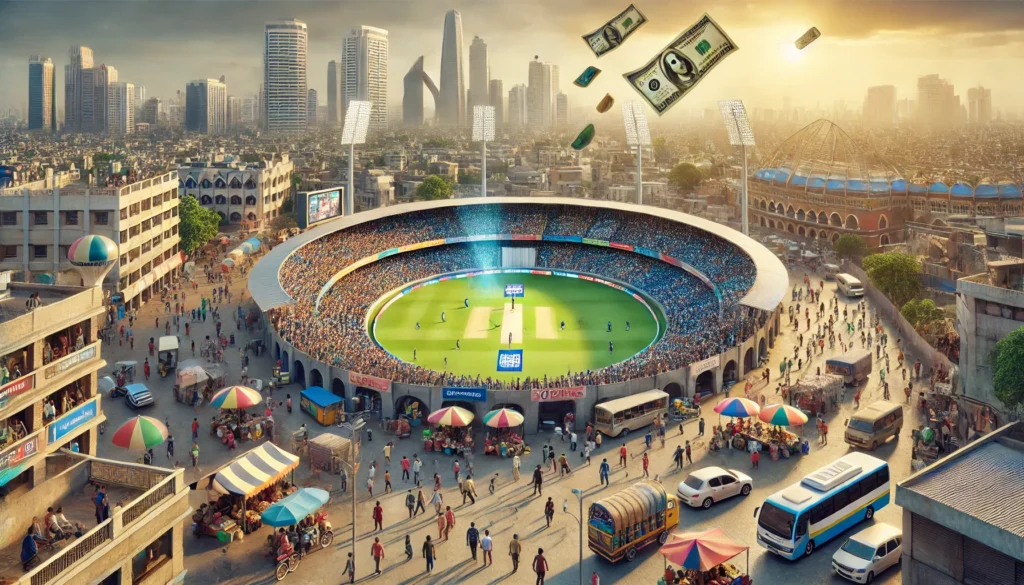 Illustration showing cricket stadium in India with economic growth symbols, representing the financial impact of hosting cricket matches