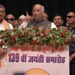 Congress president Mallikarjun Kharge speaks at the 139th birth anniversary event for Dr Shri Krishna Singh at Bapu Sabhagar, Patna
